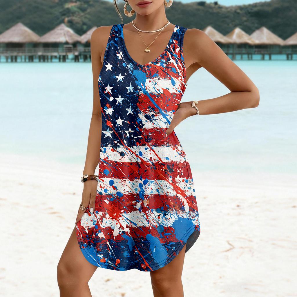 Women's Summer Casual Sun Skirt With Pocket V-Neck Independence Day Printed Loose Vest Dress
