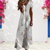 Women Plus Size V Neck Short Sleeve Butterfly Printed Gray Straight Long Dress