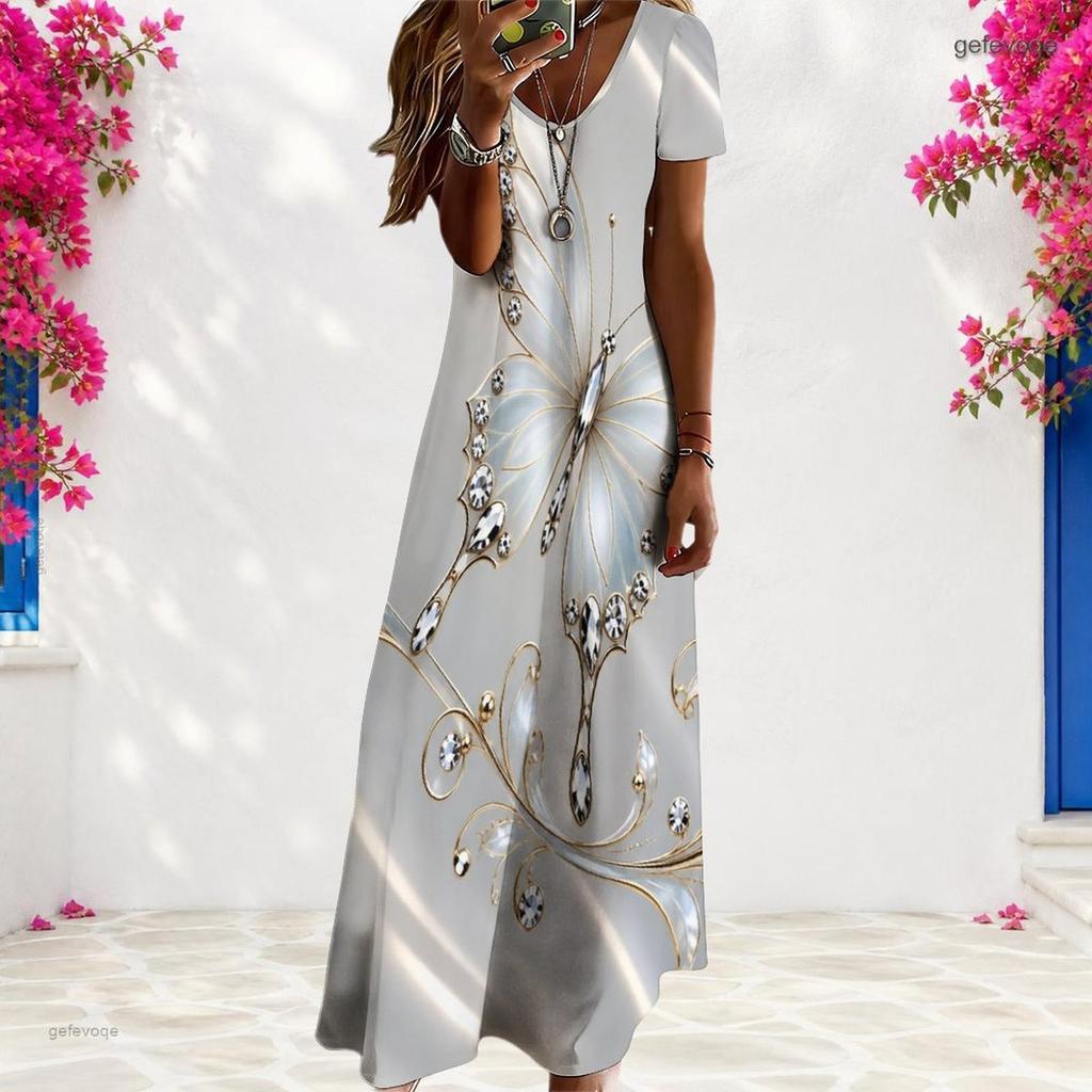Women Plus Size V Neck Short Sleeve Butterfly Printed Gray Straight Long Dress