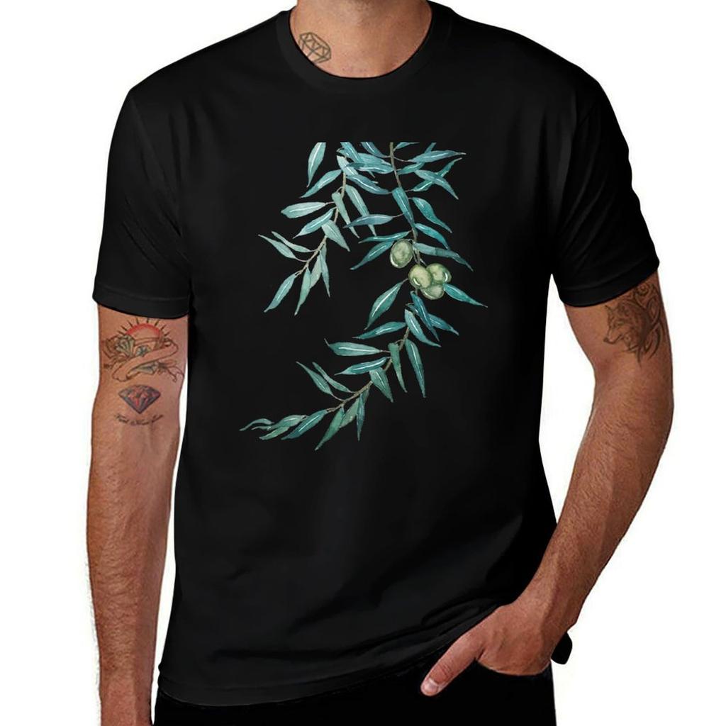 green olive leaf watercolor painting T-Shirt t shirts for man graphic funny anime t shirts oversize T-Shirt