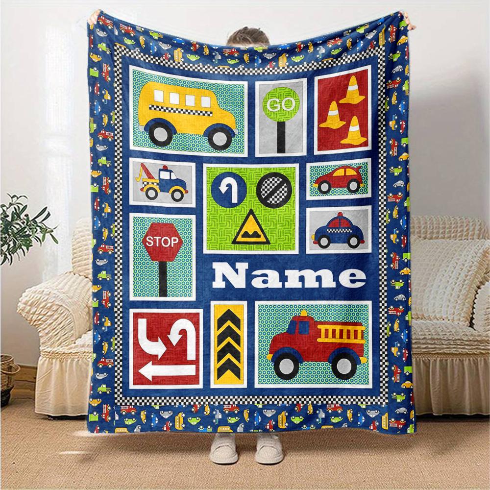Custom Name Cute Cars Theme Printed Blanket - Perfect for Couch, Bed, Travel & Outdoor Use | Machine Washable, Cozy & Durable.