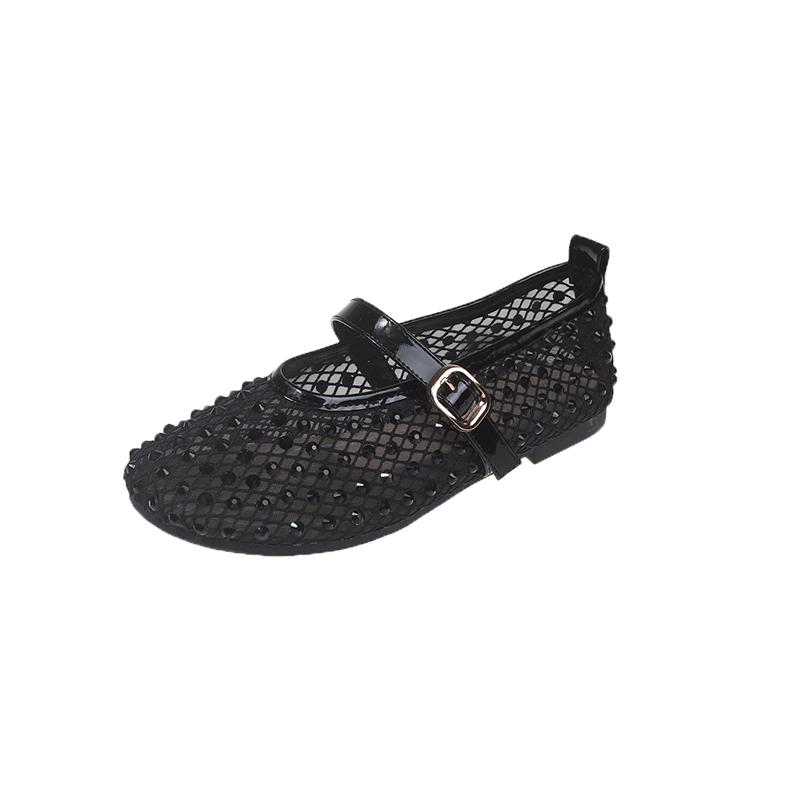 Fashion Luxury Crystal Covered Fishnet Mary Jane Shoes Woman Elegant Brand Design Rhinestone Mesh Ballet Flats Ladies  Bling Net Loafers