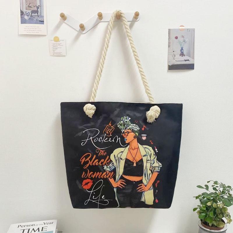 1pcs Stylish Multifunctional Tote Bag Large Capacity Beach Shopping Bag with Creative Print & Rope Durable