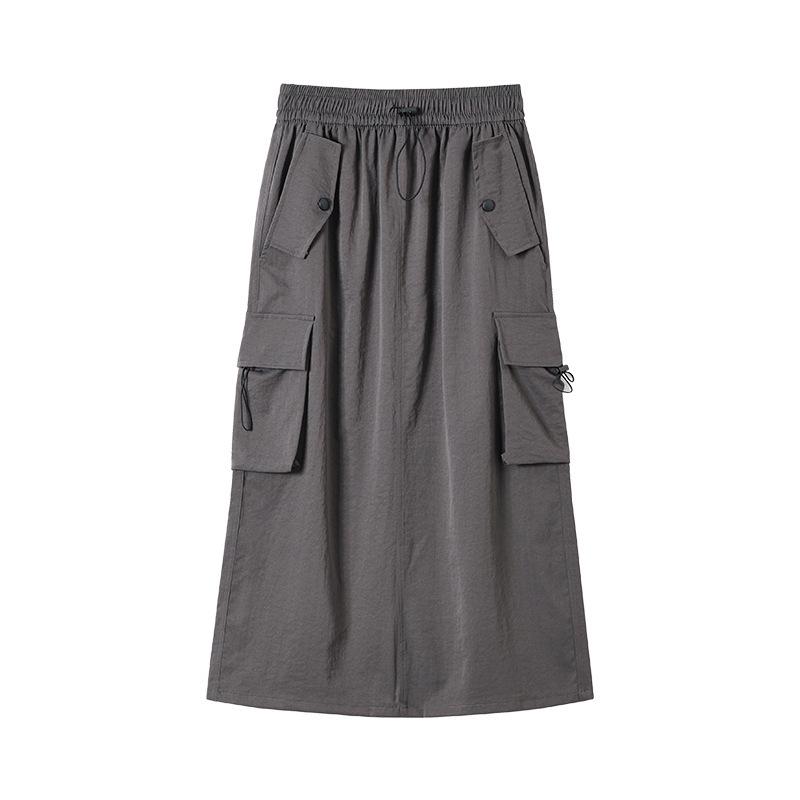 Women's High Waist A-Line Midi Skirt - Retro Workwear with Slit & Drawstring for Petite Figures, Spring & Autumn.