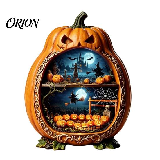 Detailed Halloween Scene Decor Centerpiece Pumpkin, Wooden Pumpkin Ornament with Miniature Scenes, Rustic Home Accents Skeleton for Farmhouse