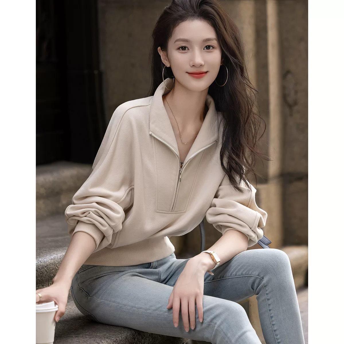 

Повседневный стиль свитер с застежкой-молнией на половину длины осень новый спортивный короткий топ куртка XL