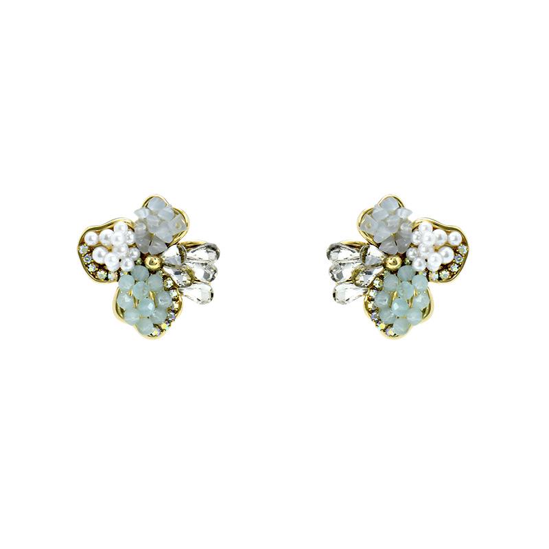 Elegant French Crystal Pearl Flower Earrings - Handmade Luxury Studs for Women