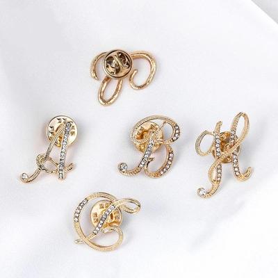 New 1Pcs Gold/Silver Crystal A-U Letter Initial Brooch For Women Men Jewelry Gift  Rhinestones English Alphabet Label Pin Badge