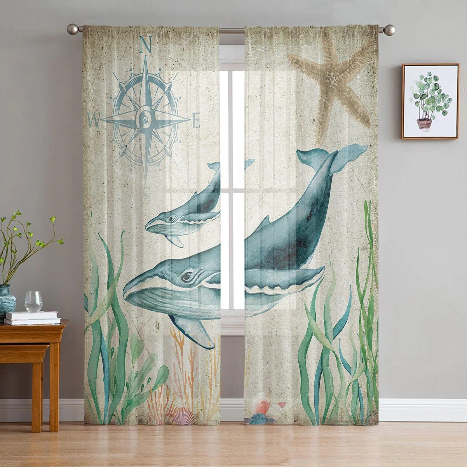 

Тюлевые шторы с изображением кита и животного для украшения гостиной, современная шифоновая прозрачная вуаль, кухонная занавеска 135W x 114H(cm)