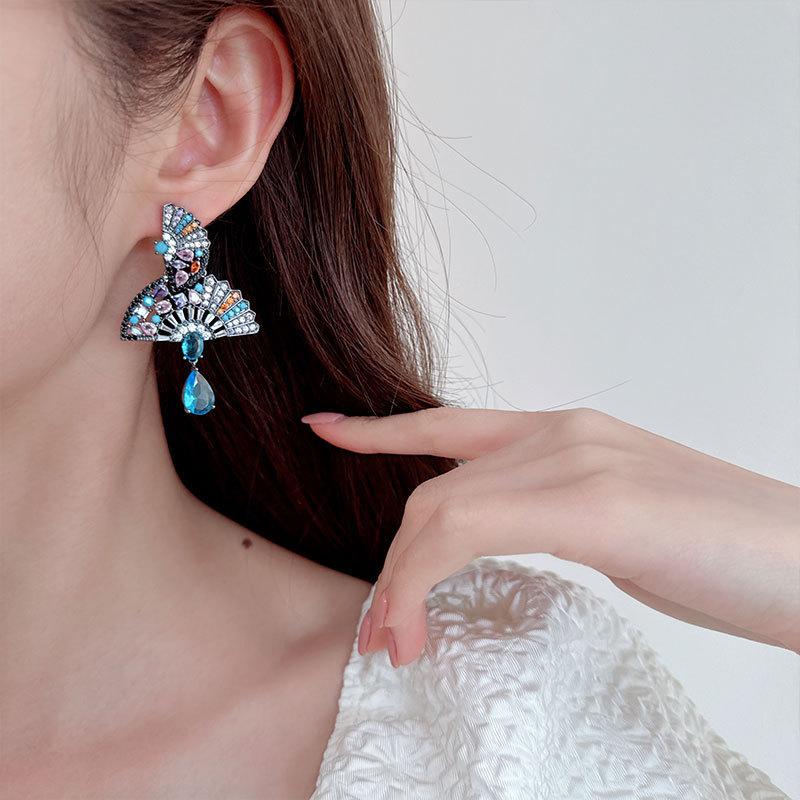 New retro court fan-shaped water drop earrings women's Chinese folding fan light luxury niche design personalized earrings
