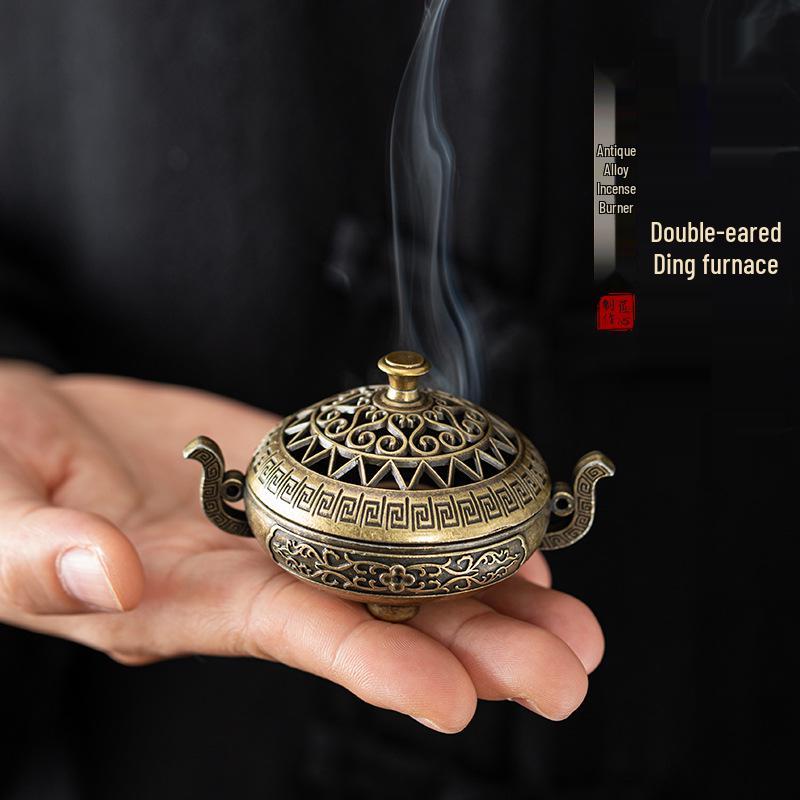 Nepal Antique Double-Ear Aromatherapy Furnace: Creative Hollow Tripod Incense Burner for Tea Ceremony or Desktop Ornament.