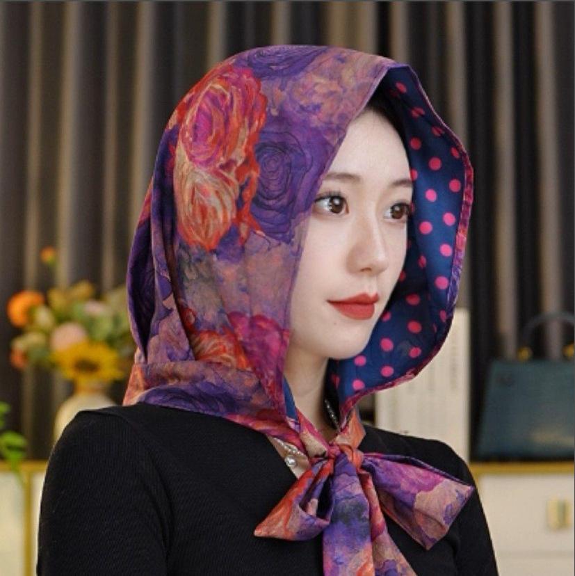 Spring and summer new double-layer double-sided satin silk scarf, hat, sunscreen headscarf, hat, streamer temperament, bag head hat, Feiling