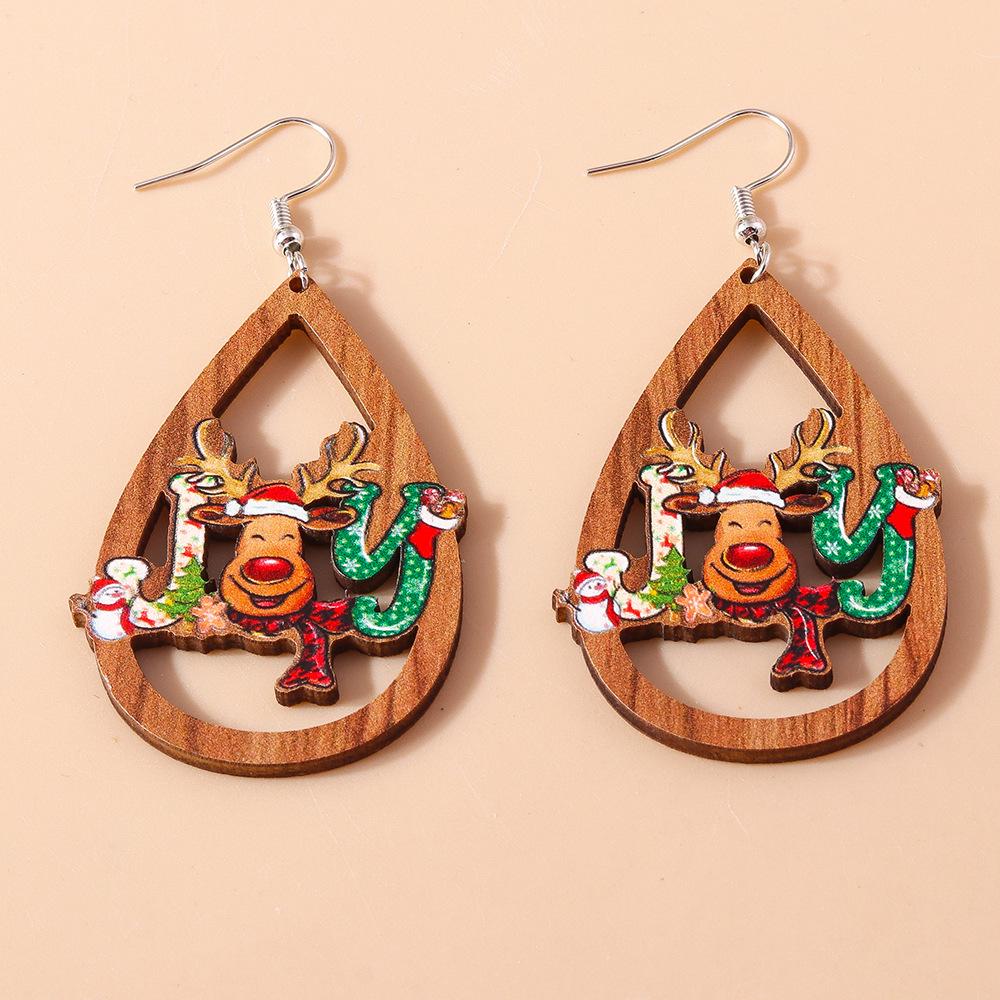Cross-border Hollow Teardrop Wooden Christmas Earrings with Reindeer and Snowman