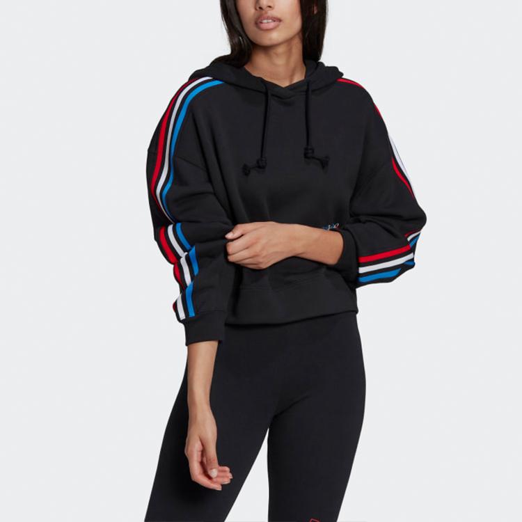 Adidas Originals Trefoil Sport Casual Hooded Pullover Knit Striped Sweatshirt Women Sweatshirt Black GN2853