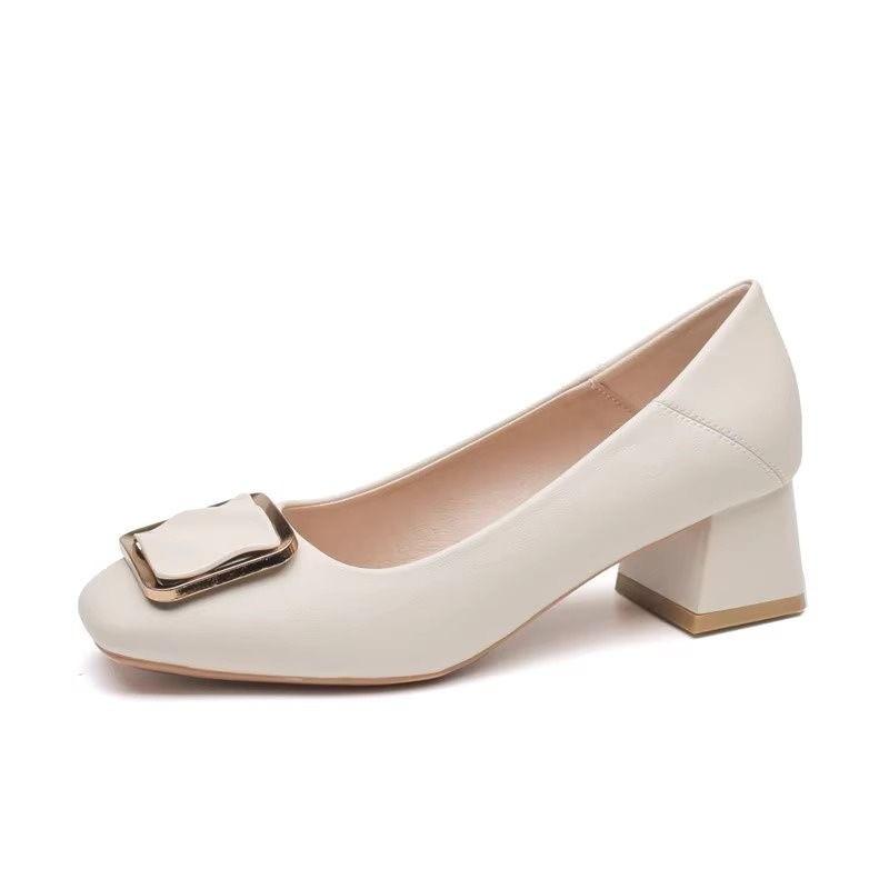 Autumn temperament women's shoes soft leather middle heel square buckle with skirt thick heel square head soft sole comfortable single shoes