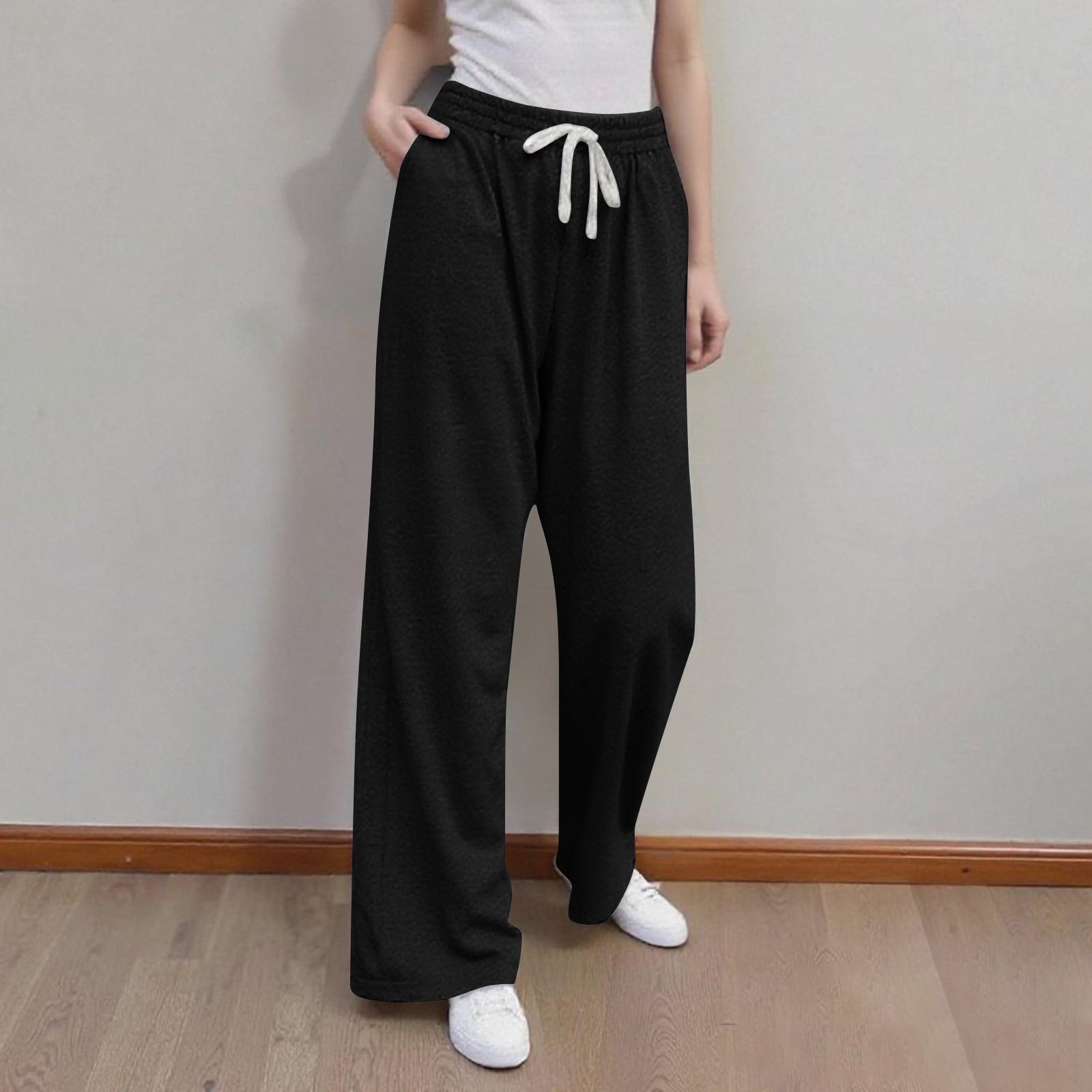 

Женские широкие спортивные штаны повседневные с высокой посадкой свободные прямые тренировочные штаны на кулиске спортивные штаны для бега с карманами M чёрный