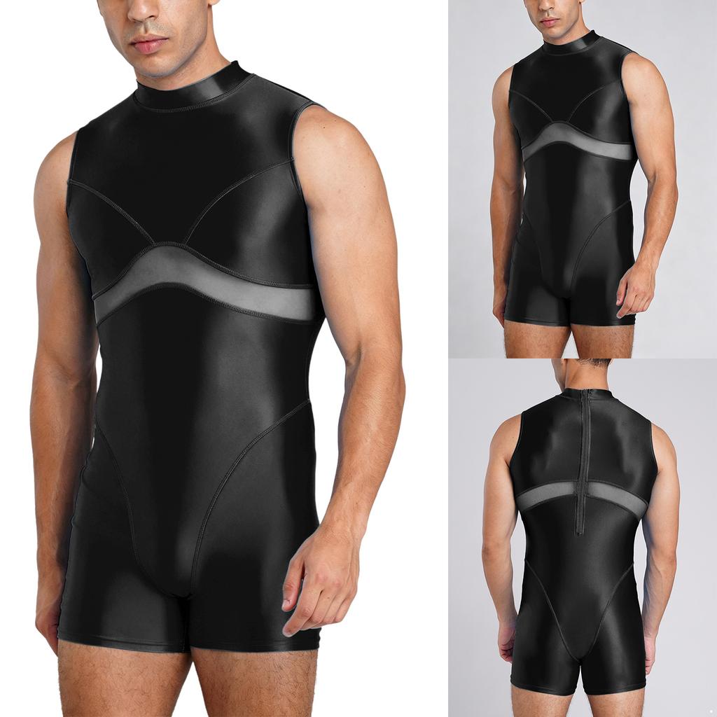 Men Yoga Sportswear Bodysuit Oil-shiny Finish Sheer Mesh Mock Neck Sleeveless Back Zipper Boxer Bottom One Piece Swimsuit