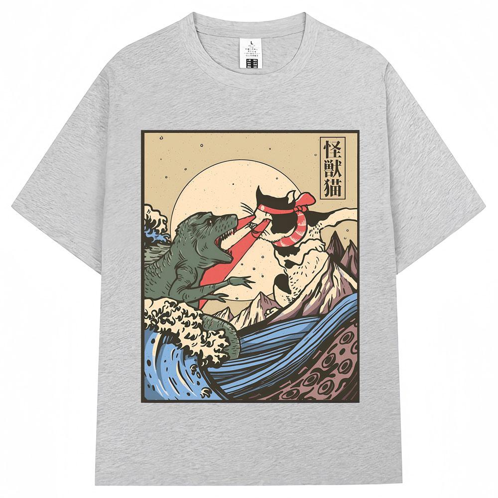 Japanese Style Kaiju Vs Cat Funny Meme Graphic Tshirts Men Women Fashion Vintage Manga T Shirts Oversized Cozy Cotton T Shirt