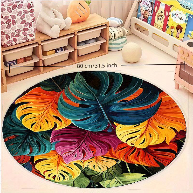 Levendig Tropisch Blad Rond Vloerkleed Bohemien Boho Jungle Print Vloermat Moderne Kamerdecoratie voor Huis Accentmat 40cm-dia.