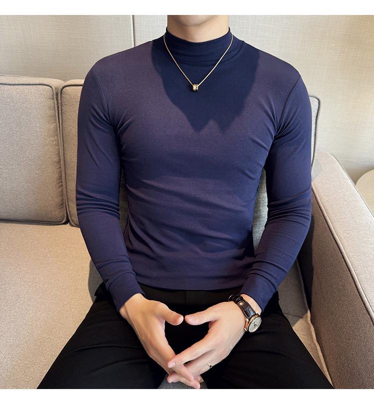 Men's Autumn Solid Color Slim Fit Semi-High Neck Long Sleeve T-Shirt