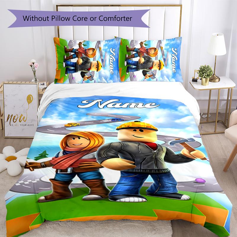3pcs Custom Name Gaming Roblox Bedding Set Duvet Cover Closure Includes 1 Duvet Cover & 2 Pillowcases for All Seasons Bedroom Decor