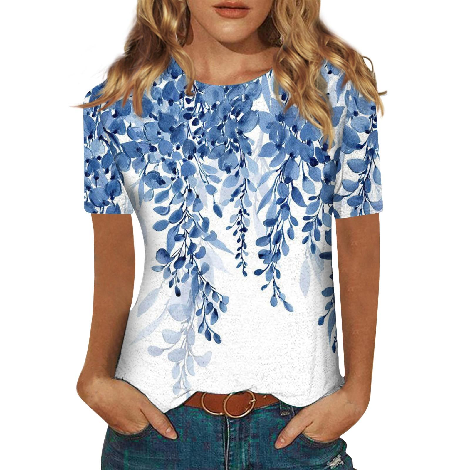 

Рубашки с коротким рукавом для женщин, милые футболки с графическим принтом, блузки, повседневные базовые топы больших размеров, пуловеры M синий