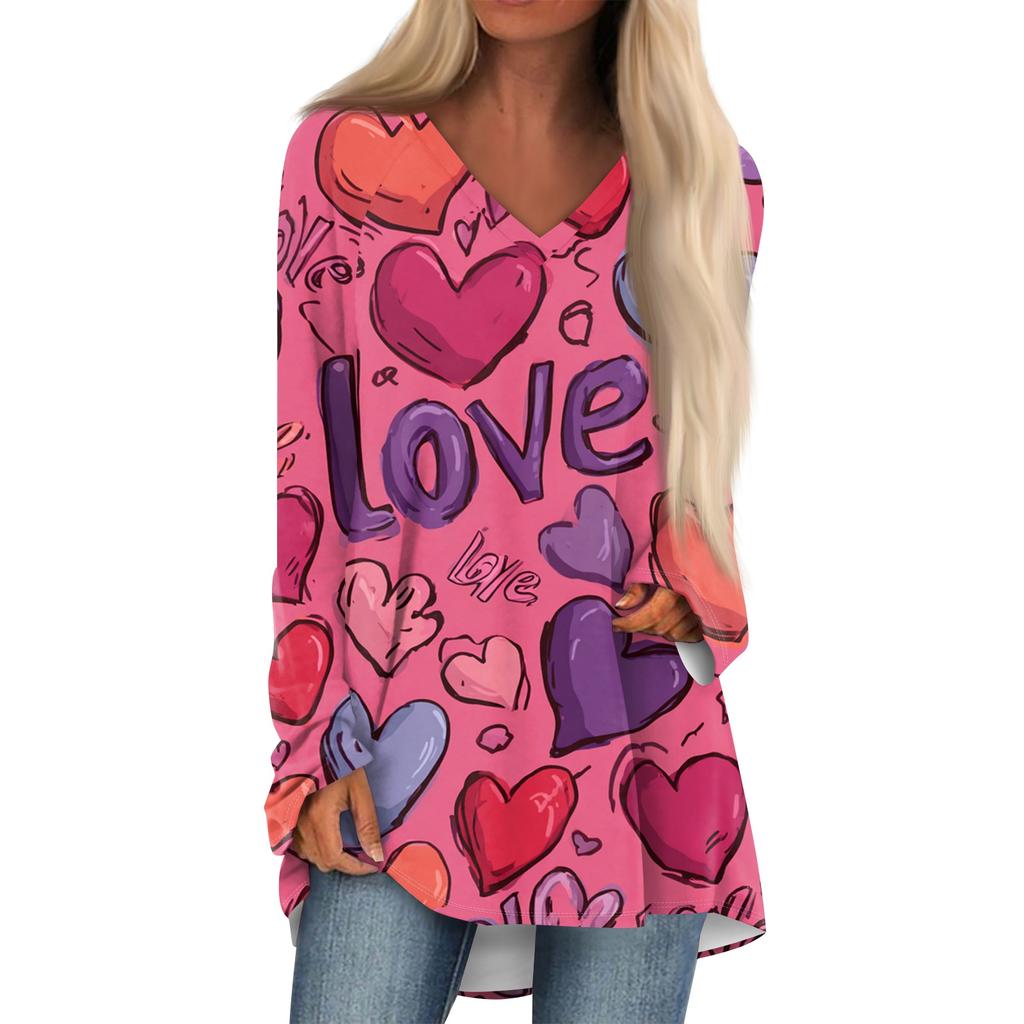 Women's Fashionable Casual Long,Sleeved Valentine's Day Print V,Neck Mid,Length Top