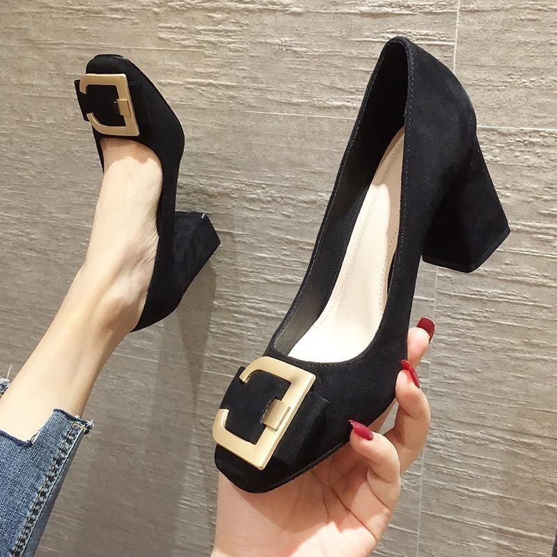Black high heels women's thick heel new versatile professional square head rhinestone square buckle women's shoes spring and autumn single shoes women