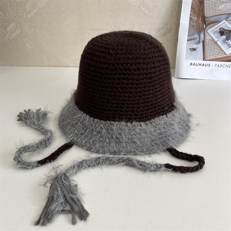 Winter women's color matching straps cute travel warm knitted hat imitation rabbit fur fashion wool hat