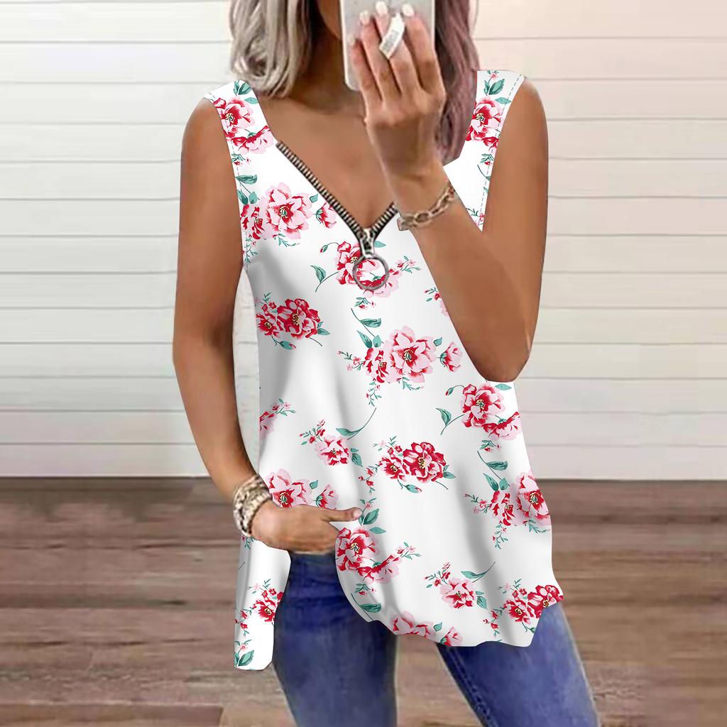 Women's Top Summer Two Tone Flower Printed Casual Plus Size Sleeveless Zipper V-neck Top Tank Top