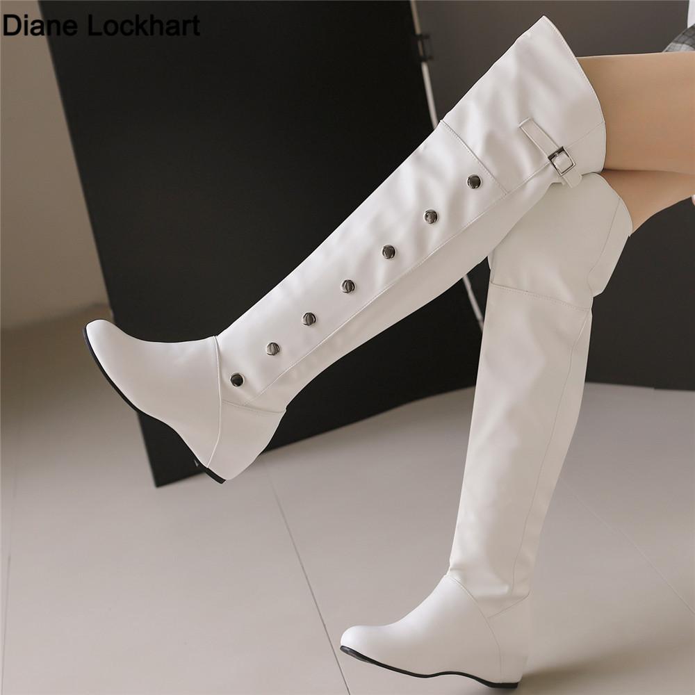 Women Boots  Winter New Fashion Casual Over-The-High Boots Round Toe Buckle Plus Size 34-43Lady Shoes Rivet Metal Decoration