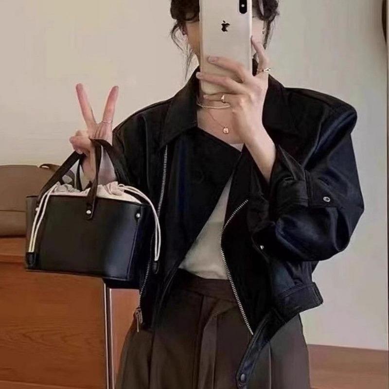 Autumn Winter Street Style Loose Casual Polo-neck PU Leather Zipper Jacket Women Y2K Hipster Cardigan Top Coat