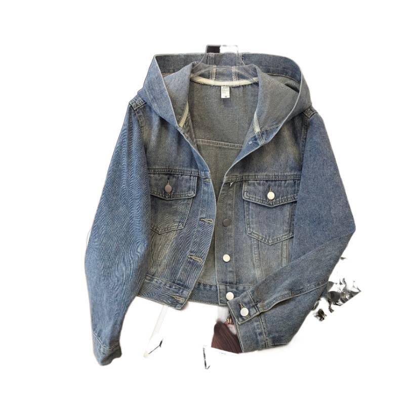 Damen Jeansjacke: High-End Strukturelles Design, Kurz-, Langarm, Baseball-Hoodie-Stil
