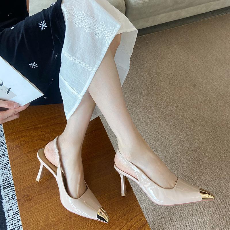 G8727-1 Baotou High Heels Women's 2025 Summer New Metal Square Head Thin Heel Black Sandals Imperial Sister Single Shoes