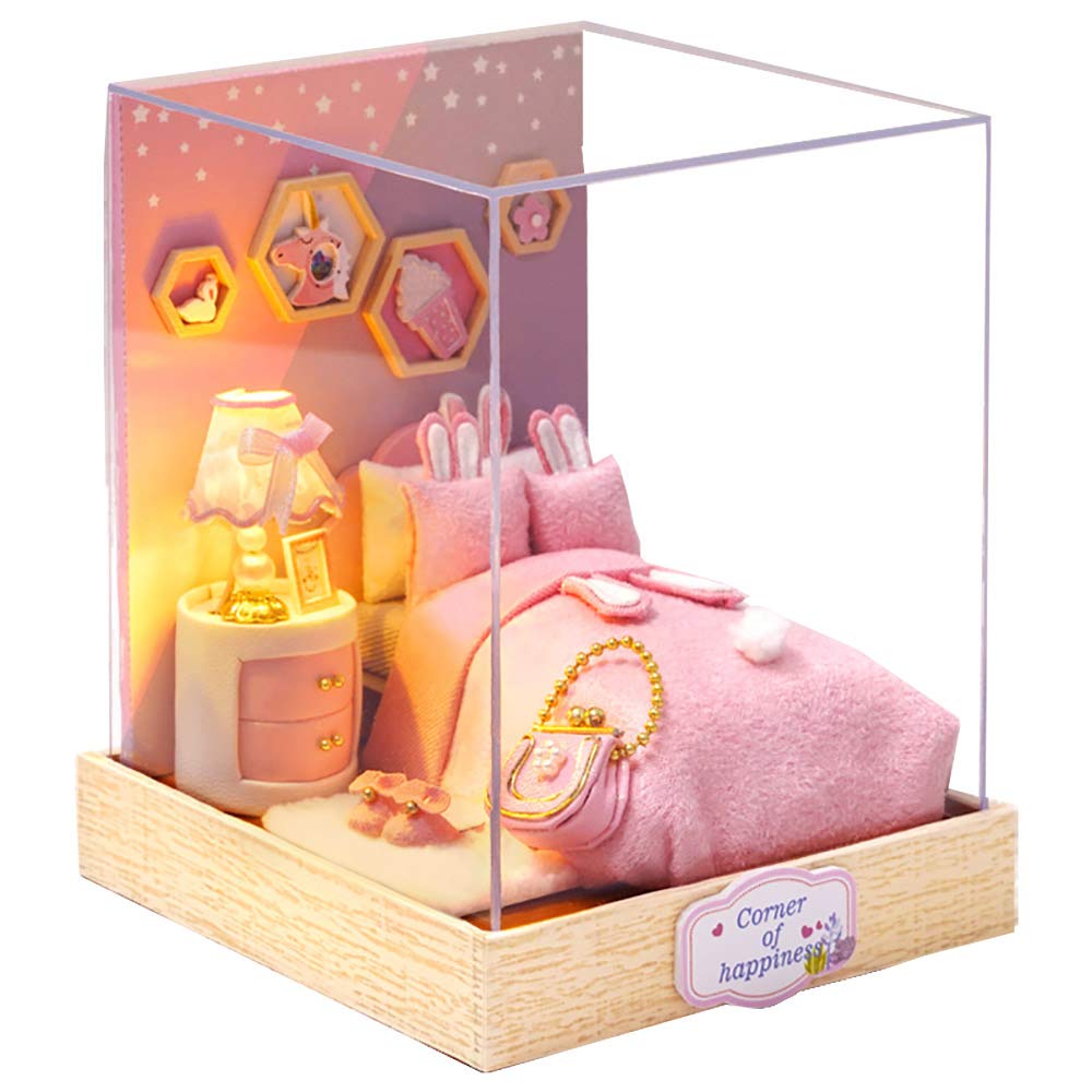 

moin moin Scale Dollhouse Miniature DIY Kit Set Bunny House Collection for Beginners Pink Rabbit with Two Size Settings Includes LED Light and Acrylic