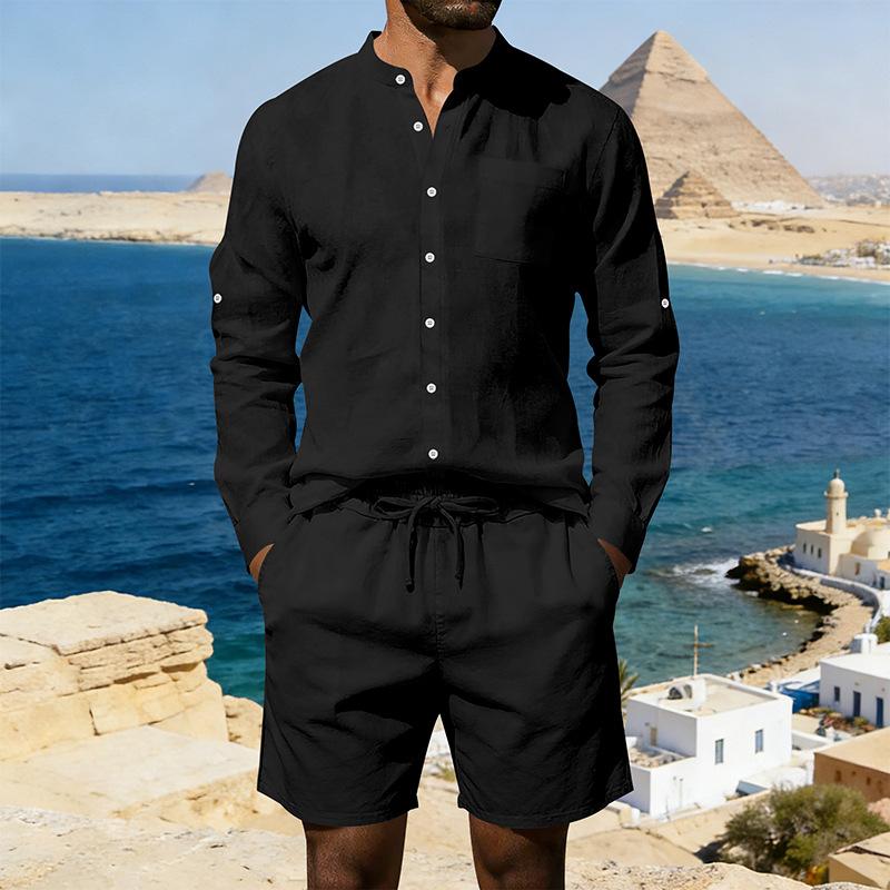 Mens American Style Casual Loose Long Sleeve Shirt And Shorts Set