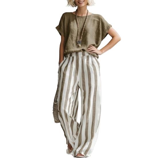 

Summer 2 Piece Sets for Women Short Sleeve Crew Neck Top And Wide Leg Pants Sets Casual Striped Loungewear M хаки