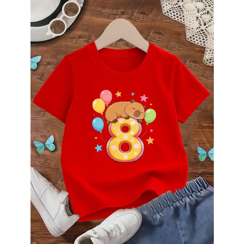 European sizes Kids' Birthday-Themed Capybara Number 8 Print Round Neck Short-Sleeve Top, a Stylish Outfit Suitable for School Outings