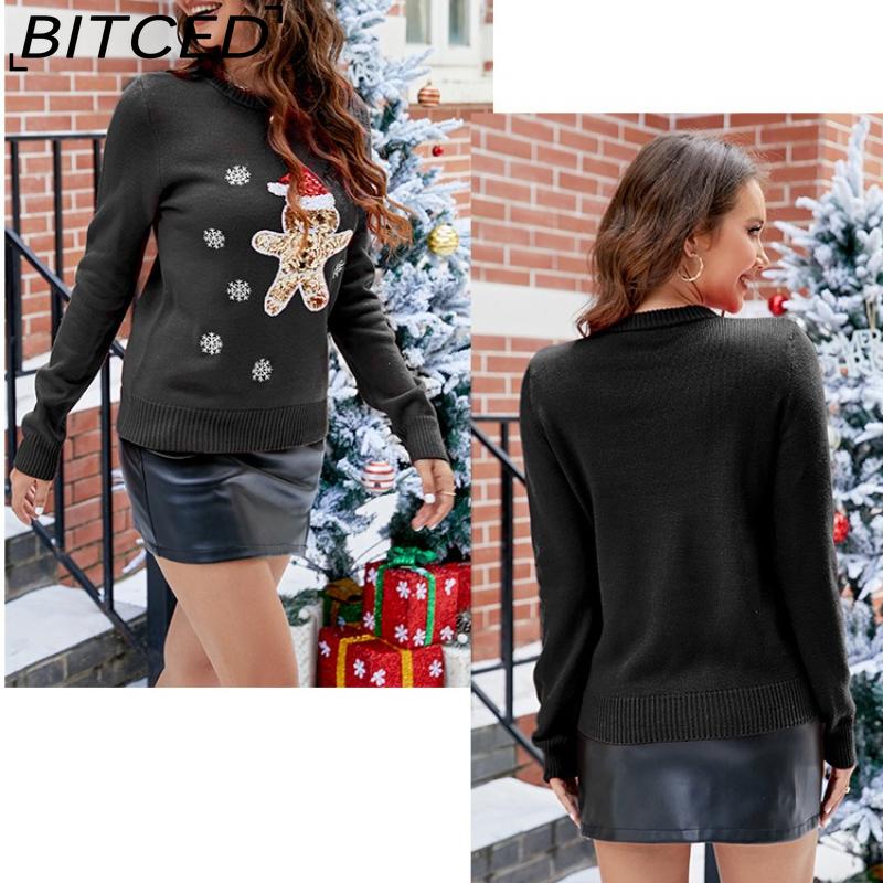 BITCED Weihnachtsstrickwaren für Damen Herbst/Winter Rentier bestickt Bezaubernder weihnachtlicher Strickpullover