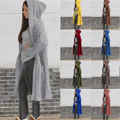Gilet à capuche en tricot pour femme Automne/Hiver - Coupe ample, poches, tricot torsadé, mi-long
