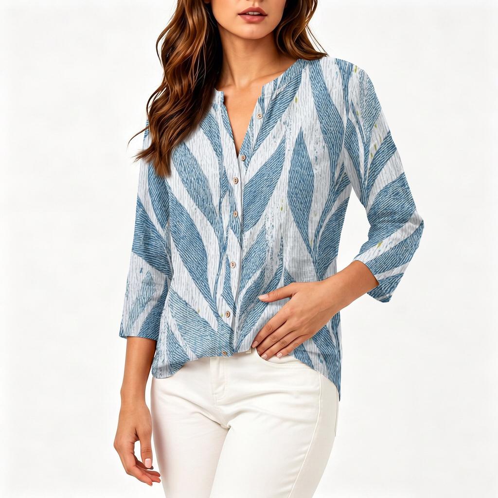 Women Vintage Floral Print Henley Collar Button Down Shirt Three Quarter Sleeve Linen Cotton Blouse Casual Loose Fit Top