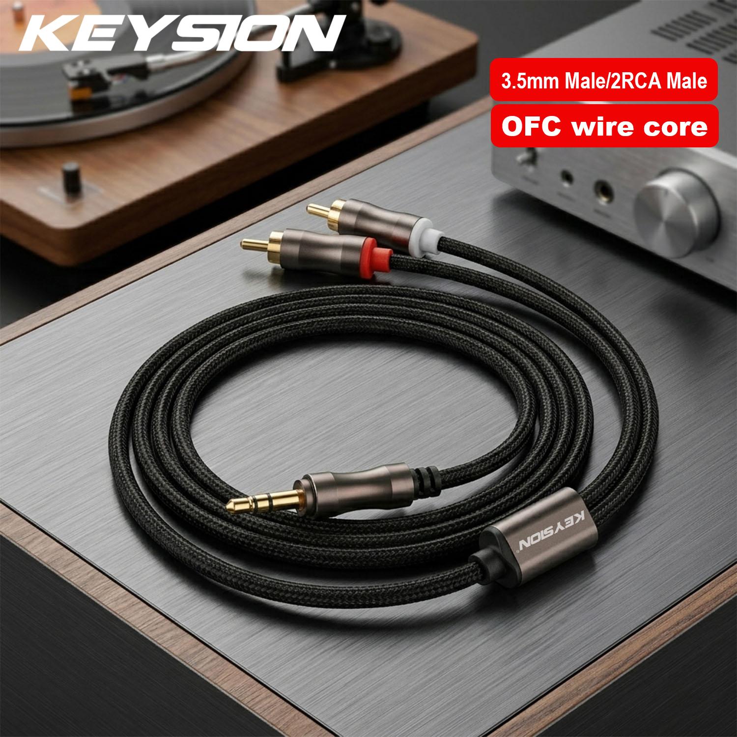 

KEYSION HIFI OFC 3.5mm to 2RCA Audio Cable Gold Plated Plug Male to Male Stereo Aux Cord Y Splitter for Speaker Decoder Amplifier 1.5m чорний