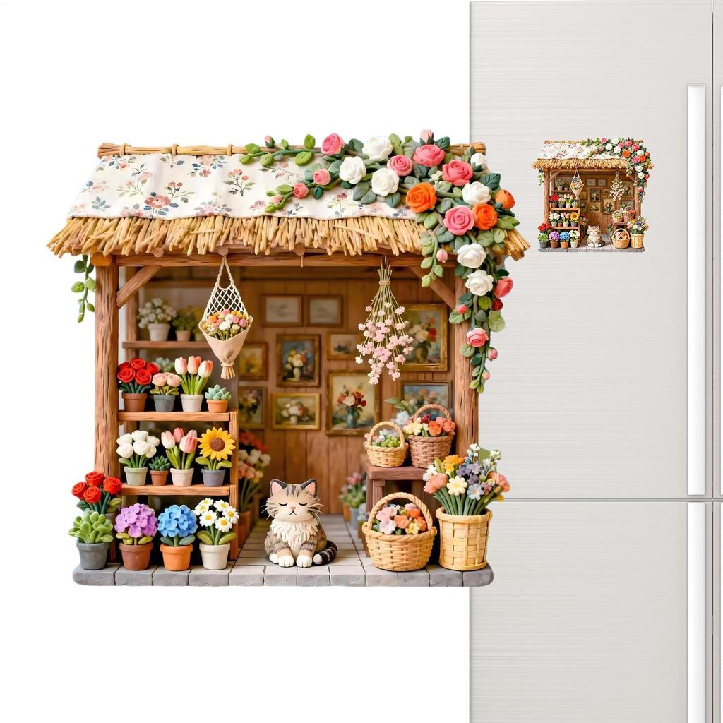 3D Miniature House Fridge Magnets Mini Flower Shop Fridge Magnets Creative 3D Relief Magnetic Fridge Magnets for Cabinet Locker