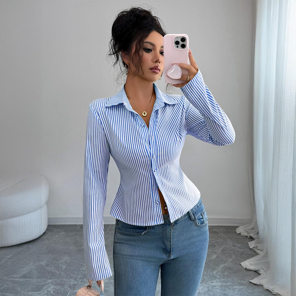 Casual Simple Striped Long-sleeved Button Tops and Shirts for Women 2025 Autumn and Winter