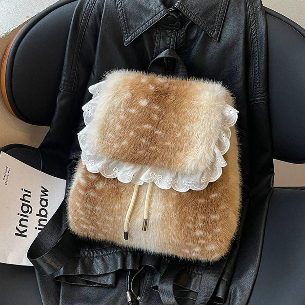 Deer Spot Fluffy Shoulder Bag Soft Plush Backpack Casual Drawstring School Bag Autumn Winter