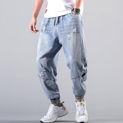 Elastic Waist Denim Trousers Men's Pants New Spring and Autumn Tide Brand Loose Casual Tied Nine-point Pants