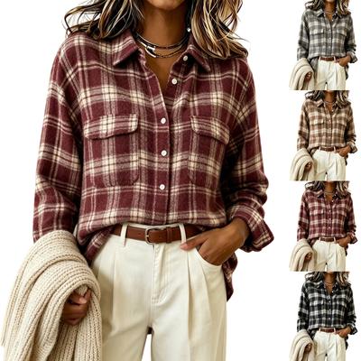 Damen Vintage Karomuster Flanellhemd Langarm Lockerer Schnitt Oberteil für Herbst Winter Streetwear