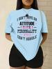 "I DON'T HAVE AN ATTITUDE" Slogan Print Women Drop‑Shoulder T‑Shirt, Fashion New Arrival, Loose Round Neck Casual Short Sleeve Tops BLUE