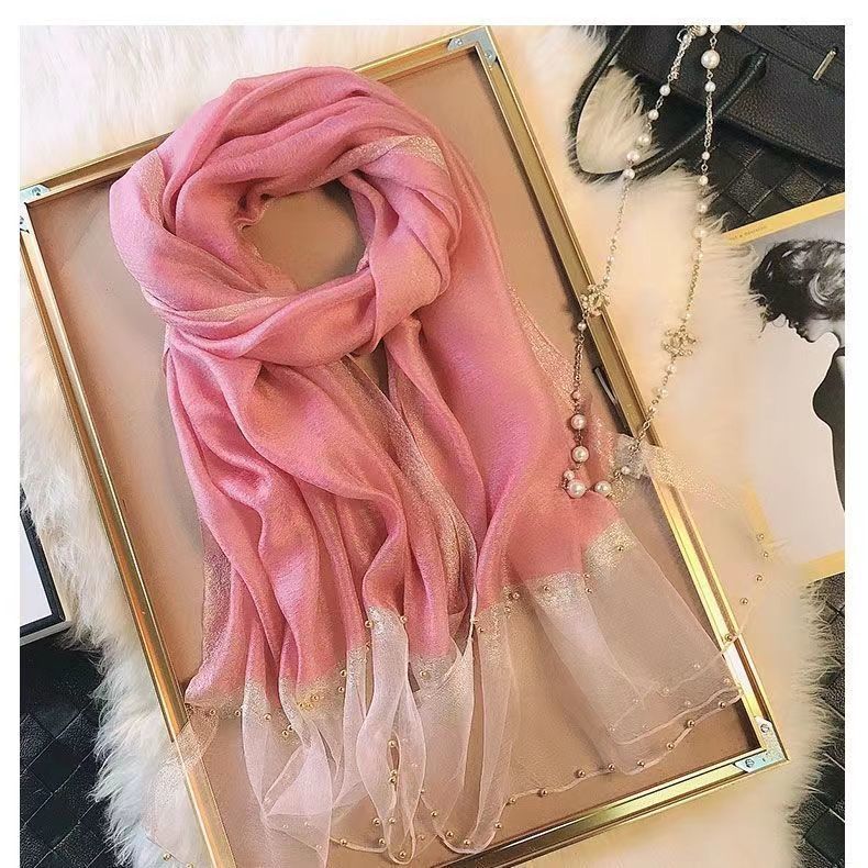 Bufanda Nueva para Mujer Chal Fino con Cuentas Color Sólido Alambre Dorado Bufanda de Gasa Personalizada Bufanda de Seda Imitación Primavera y Otoño