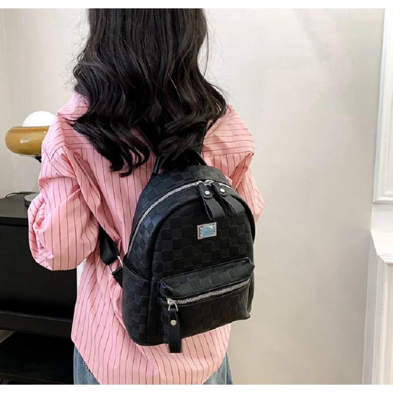 Neue Damen Mode Kariertes Leder Doppelreißverschluss Schultertaschen Hohe Kapazität Reise Rucksack Schultasche Weibliche Lässige Rucksäcke